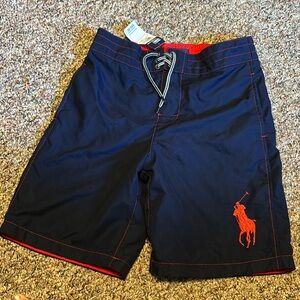 New Polo Ralph Lauren Boys Youth swim trunks Navy w/ red Swimwear Medium 10-12